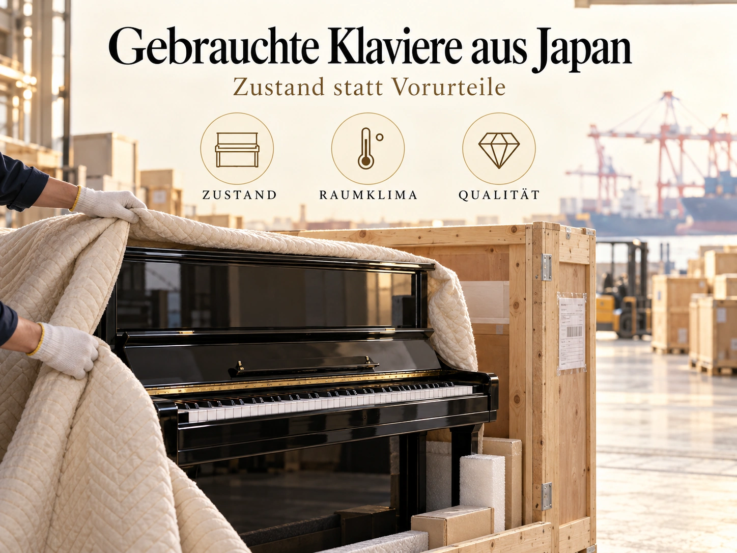 Gebrauchte Klaviere aus Japan: sorgfältig verpacktes Klavier bei der Anlieferung.