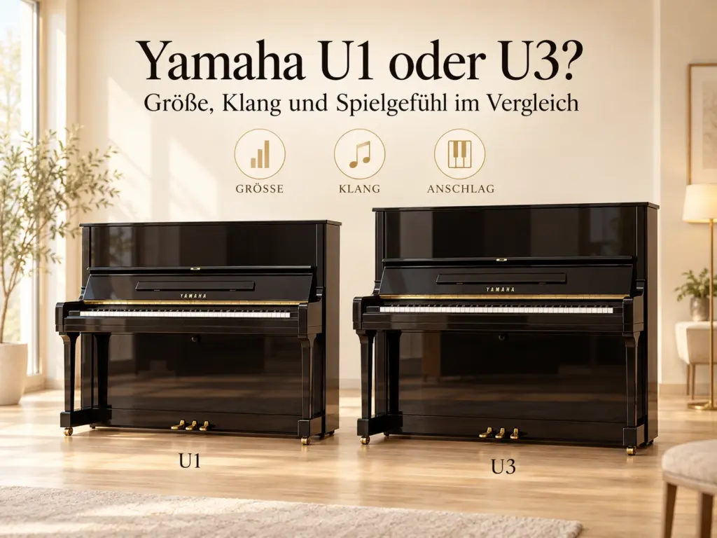 Yamaha U1 oder U3? Illustration der beiden Klaviere für den Vergleich von Größe, Klang und Anschlag.