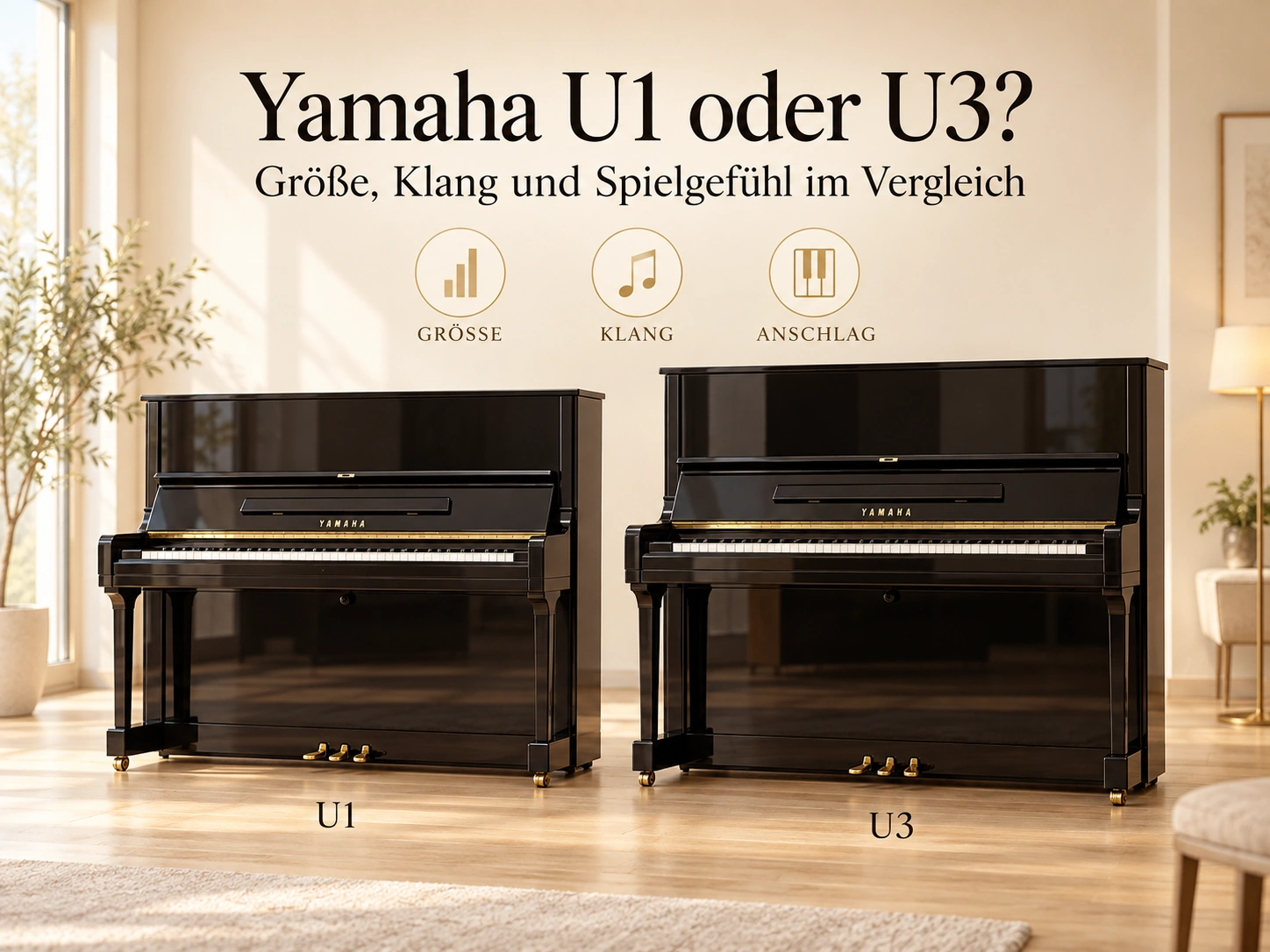 Yamaha U1 oder U3? Illustration der beiden Klaviere für den Vergleich von Größe, Klang und Anschlag.