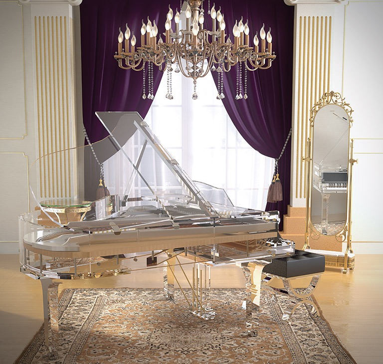 Blüthner Crystal Edition als transparentes Instrument im Wohnraum