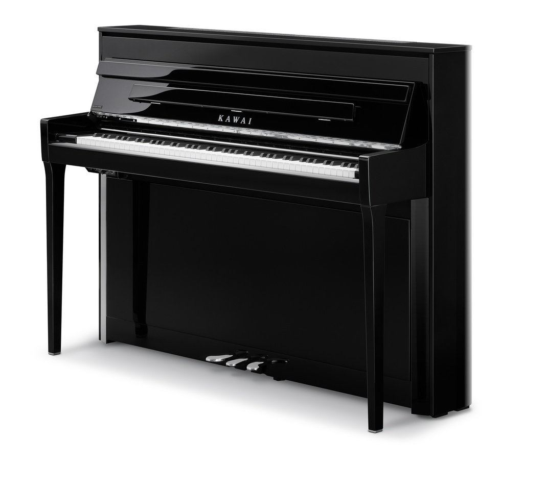 Schwarzes Kawai NOVUS NV6 Hybridpiano in schräger Gesamtansicht